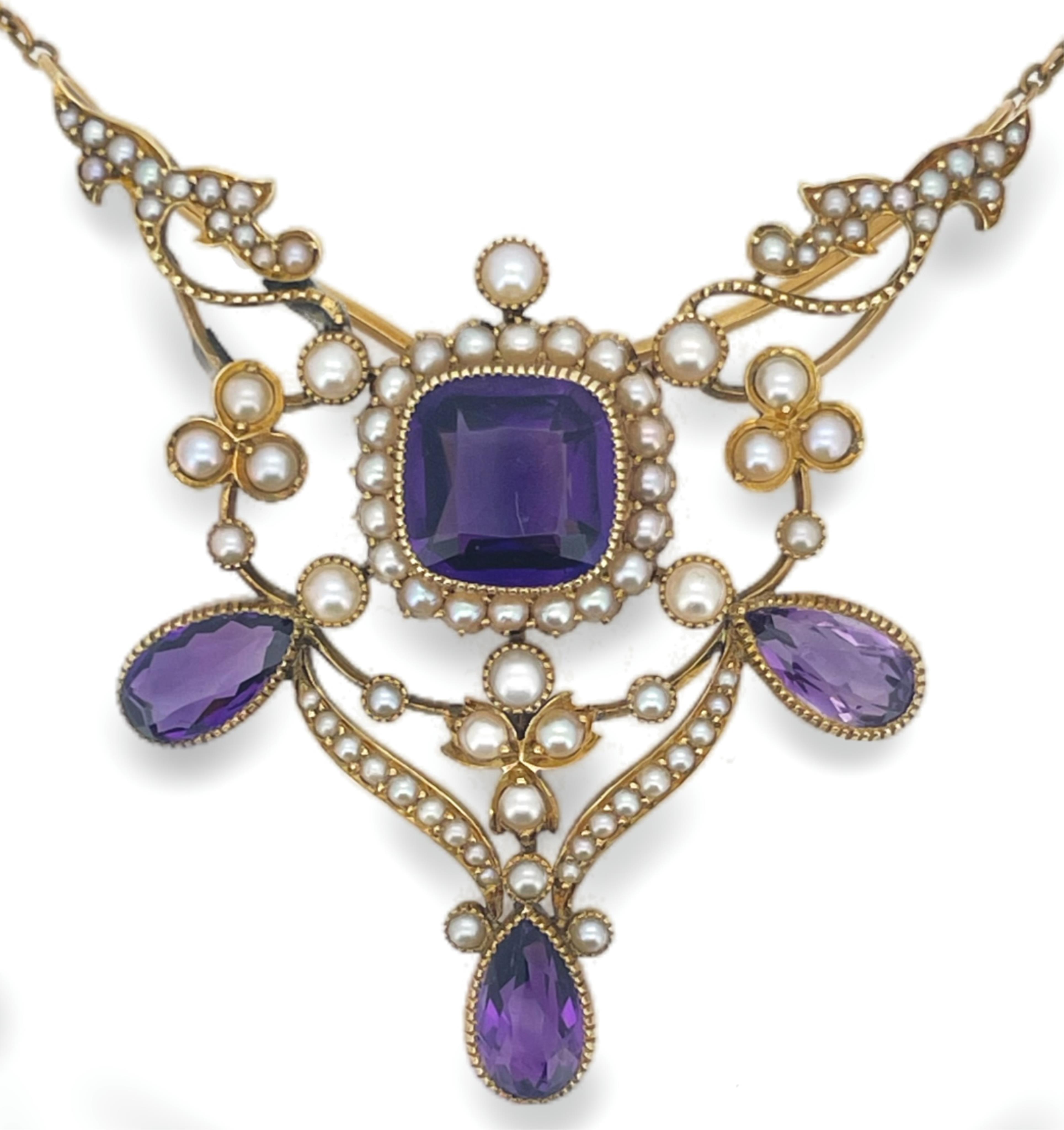 An Edwardian seed pearl and amethyst pendant/brooch, early 20th century